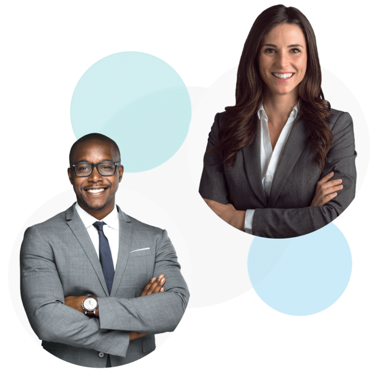 An image of two professional looking people in blazers with their arms crossed, smiling at the camera.
